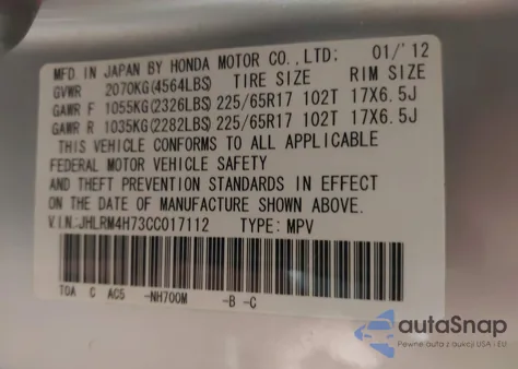 2012 Honda Cr-V Ex-L from USA, damaged, VIN JHLRM4H73CC017112
